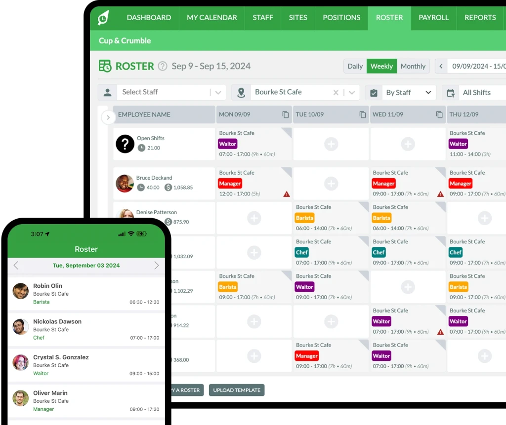 RosterElf platform interface showing rostering features