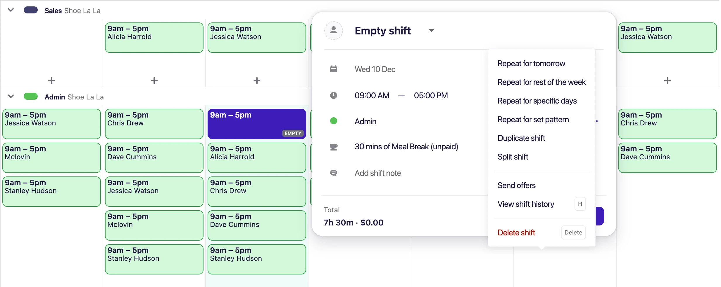 Deputy shift modal showing options for adding and editing shifts