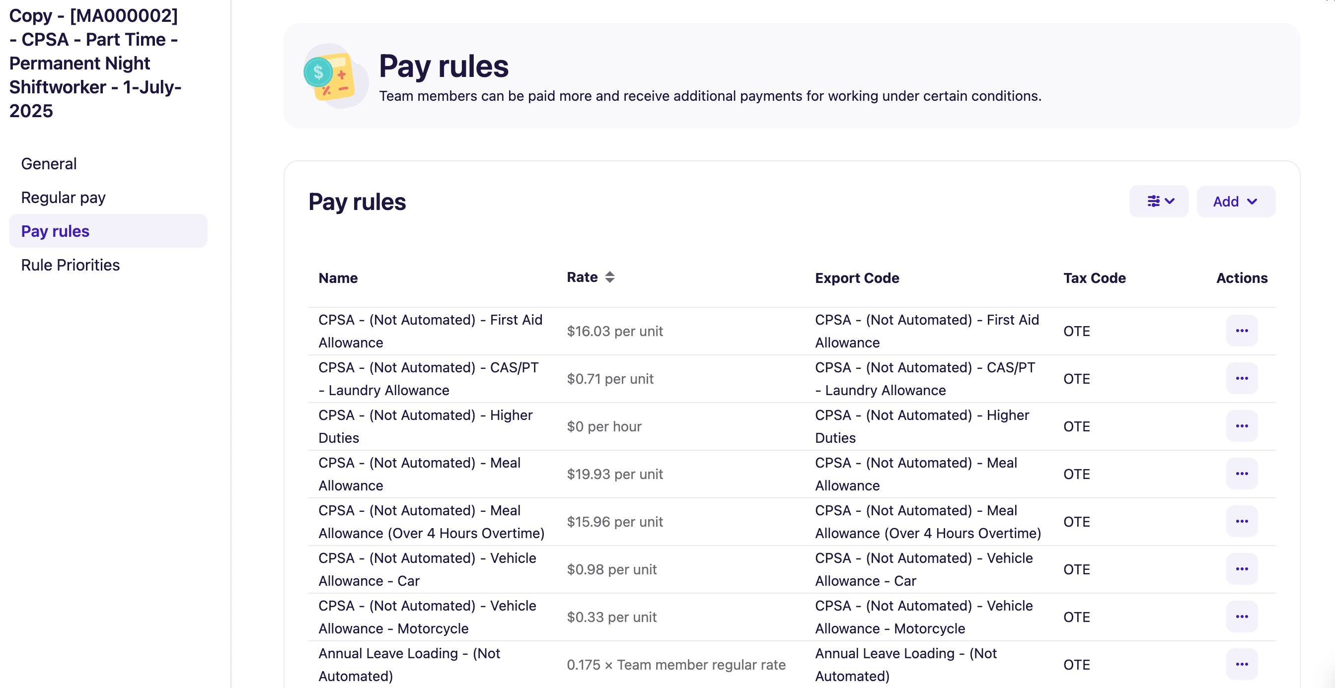Deputy award interpretation configuration screen with pay rules