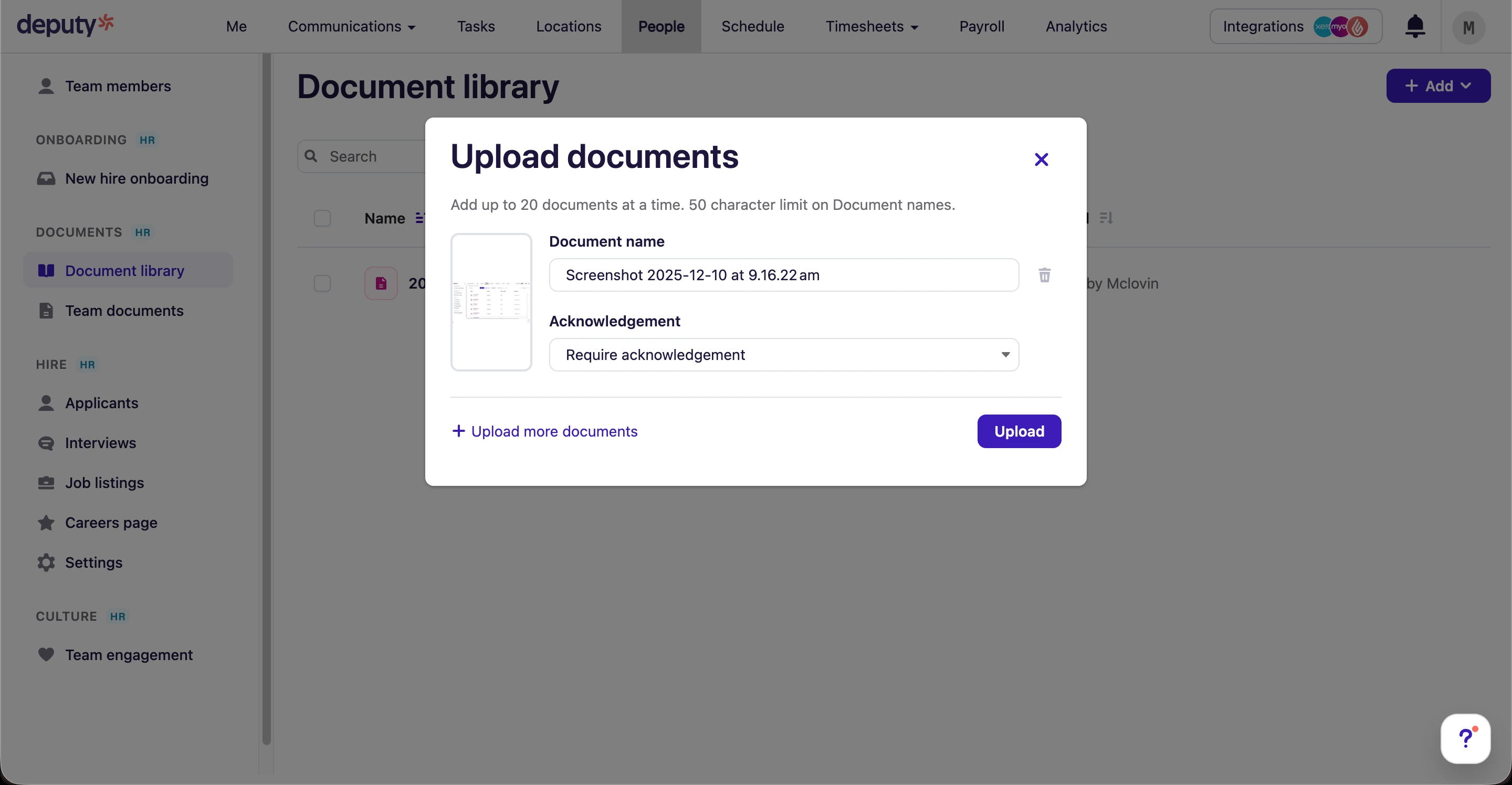 Deputy document library for uploading HR policies