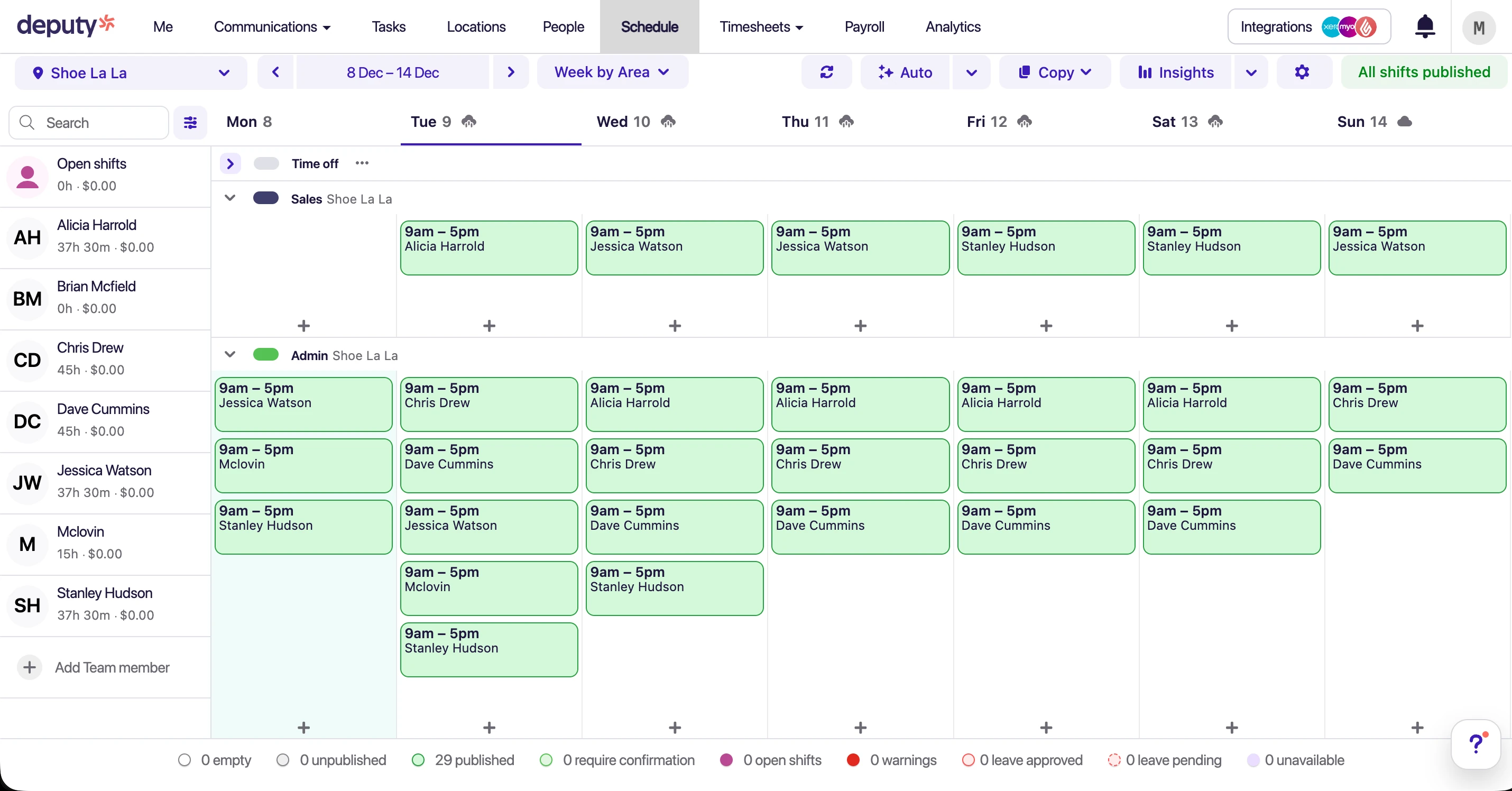 Deputy Schedule View showing weekly roster with staff assignments and shift times