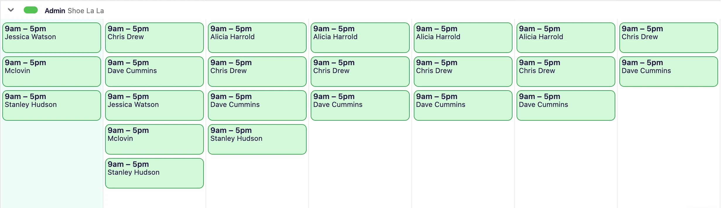 Deputy shift grid showing weekly assignments with employee names and shift times