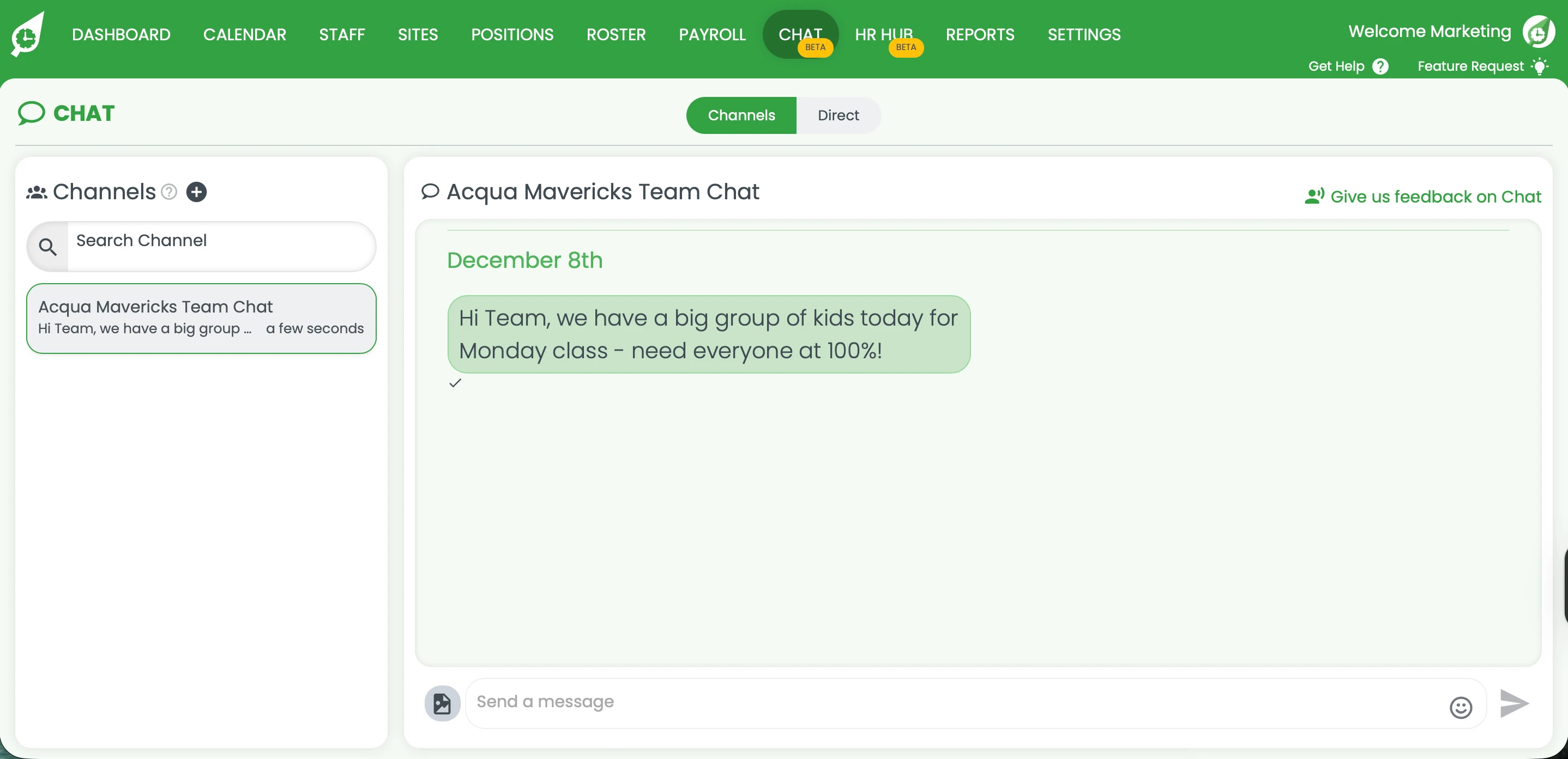 RosterElf chat interface showing group and direct messages