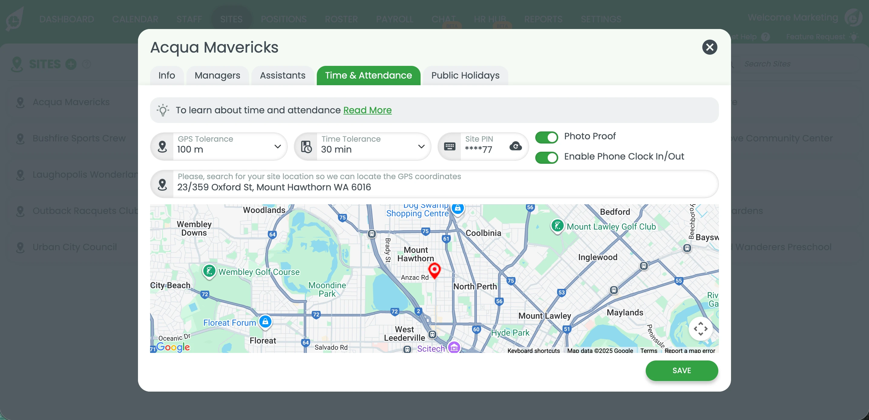 RosterElf map view for custom clock-in geo-pin placement