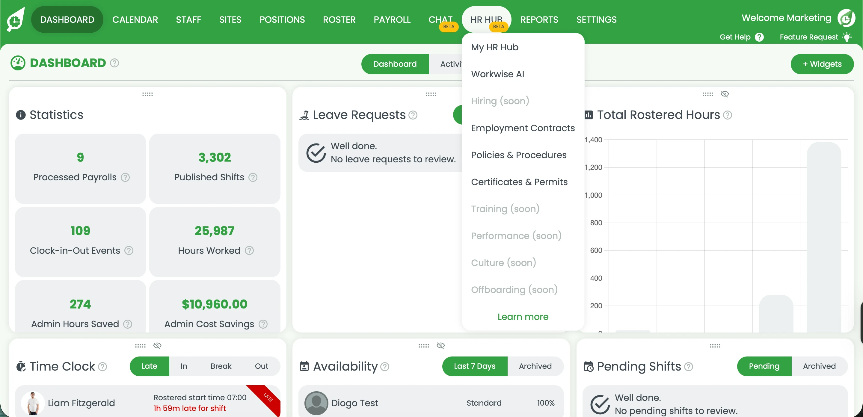 RosterElf HR Hub with contracts, policies and qualifications