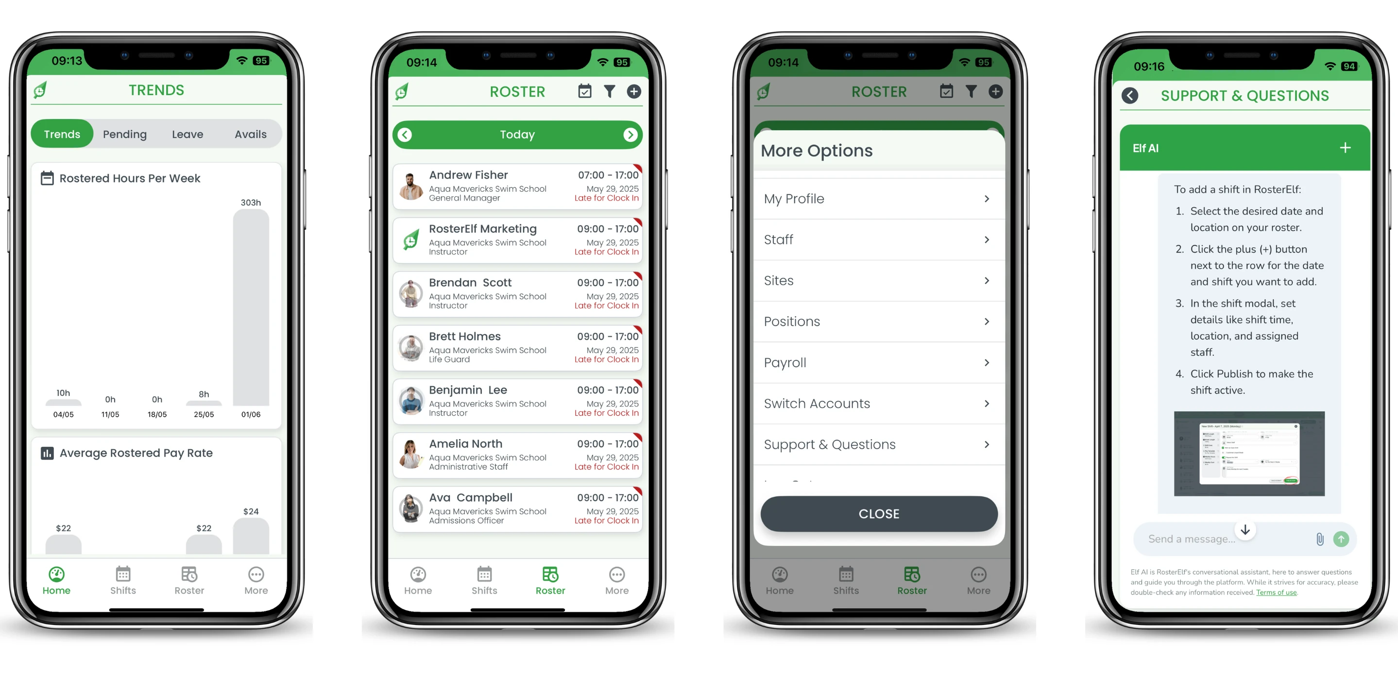 RosterElf app screens with manager tools and WorkWise AI