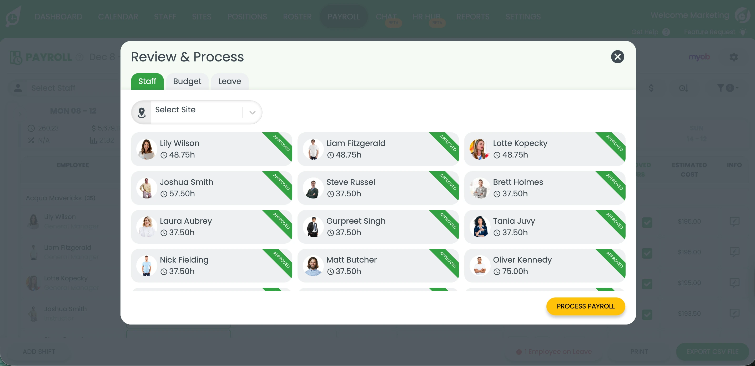 RosterElf payroll dashboard with ready-for-payroll export to Xero