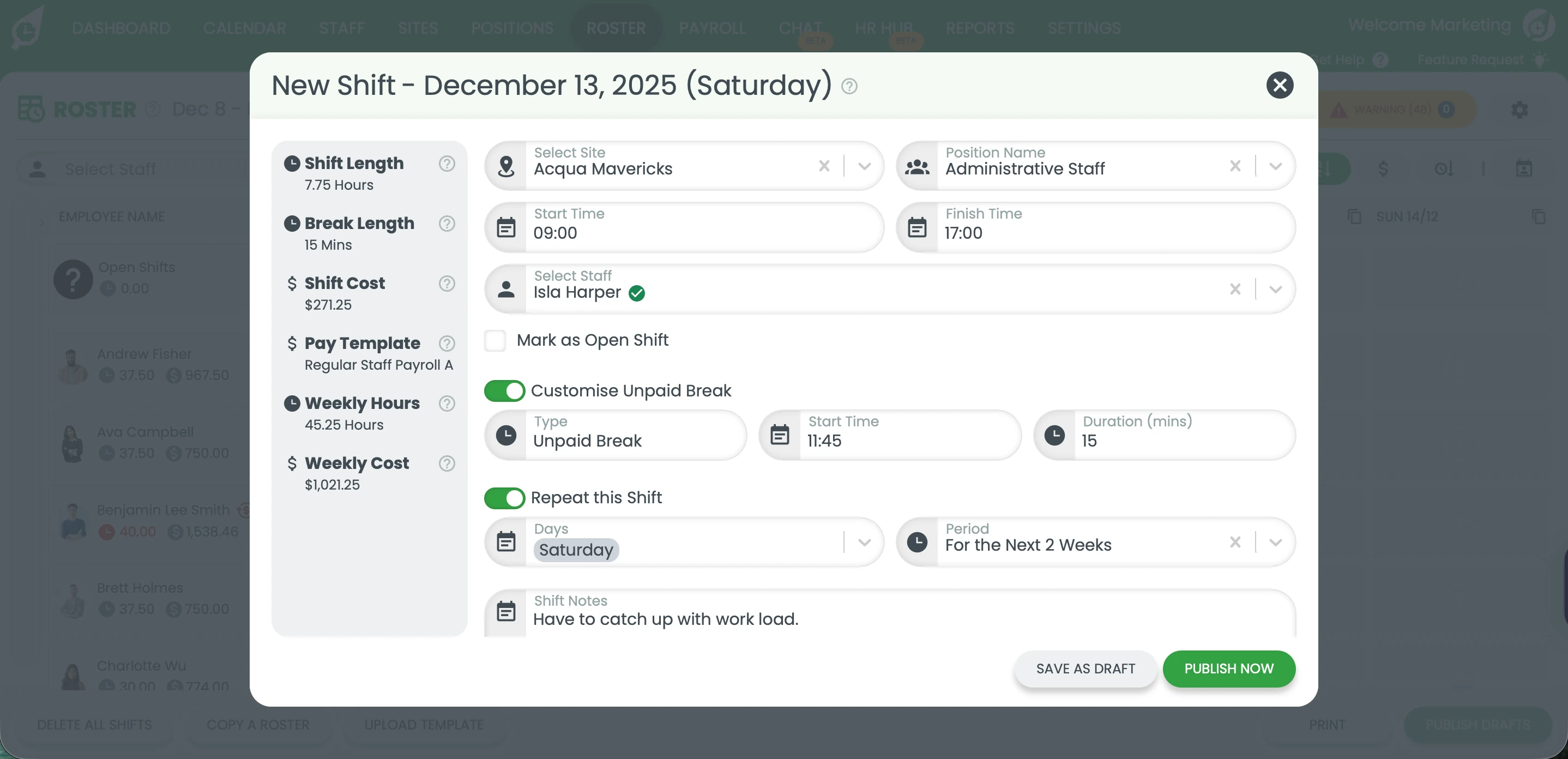 RosterElf shift creation screen with cost and staff suggestions