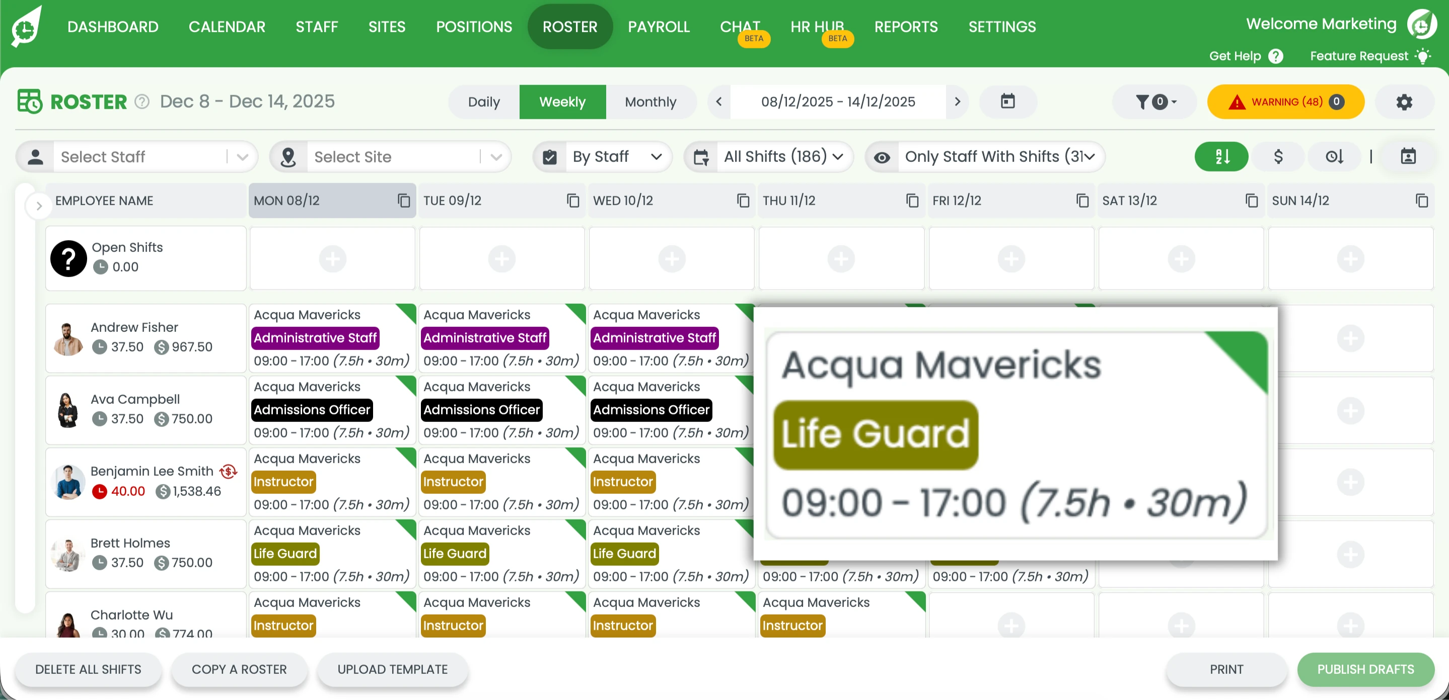 RosterElf shift tile with site, role, time and break details