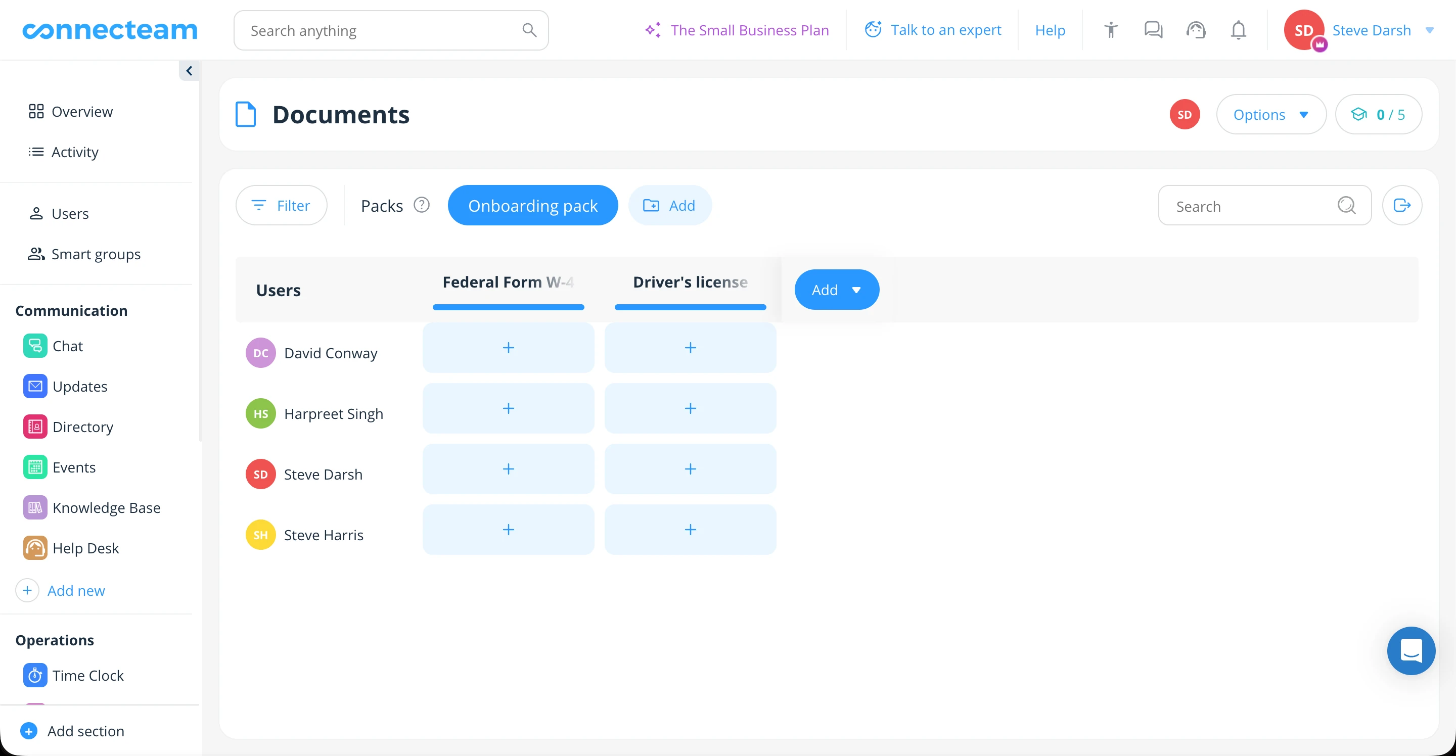 Connecteam HR & Skills Hub showing documents and training