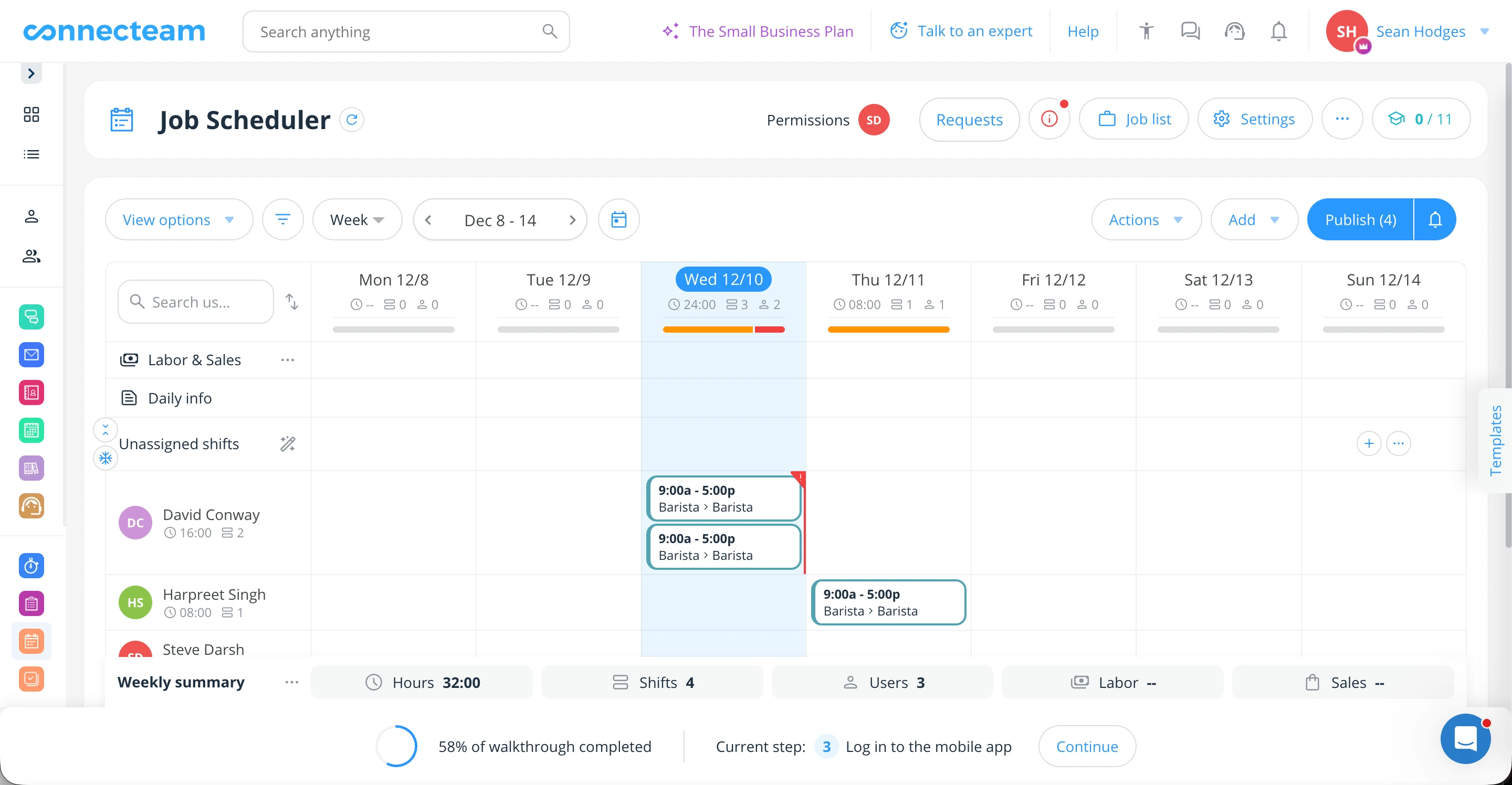 Connecteam Job Scheduler main view showing weekly schedule grid