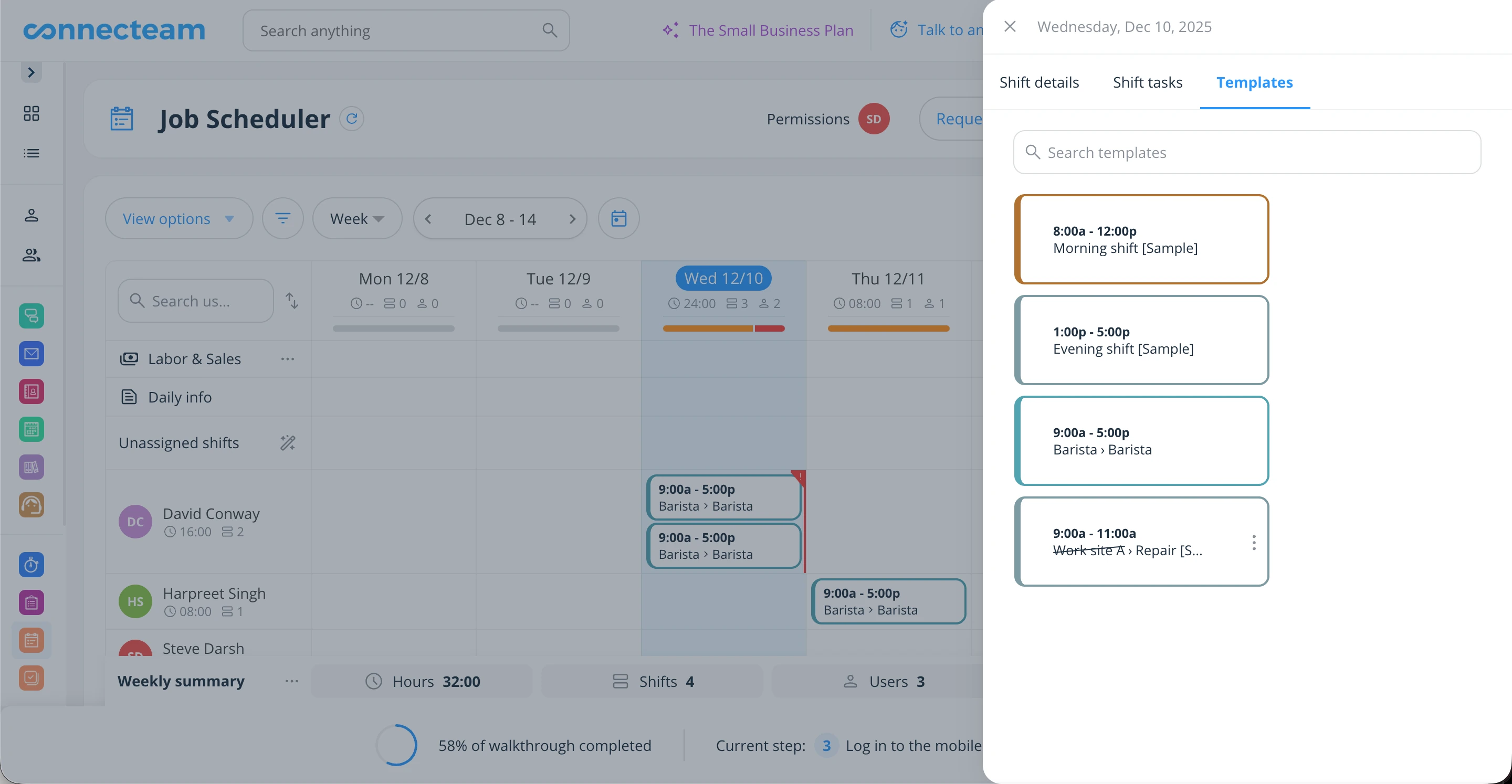Connecteam shift creation modal with template options