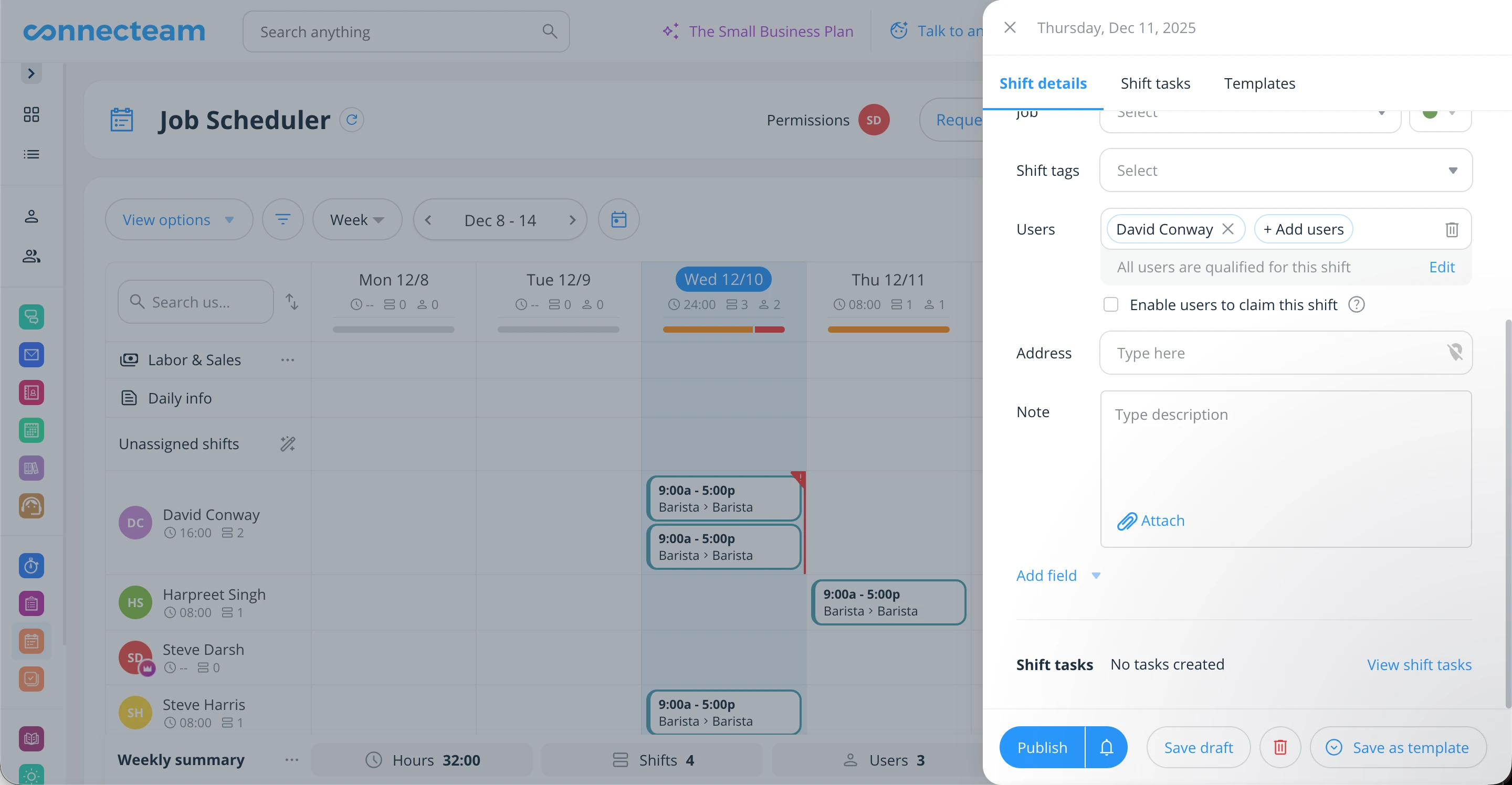 Connecteam shift detail modal showing customisation options