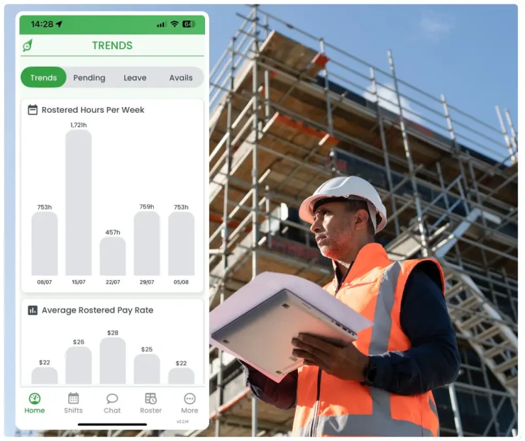 Construction workforce management software showing rostering interface