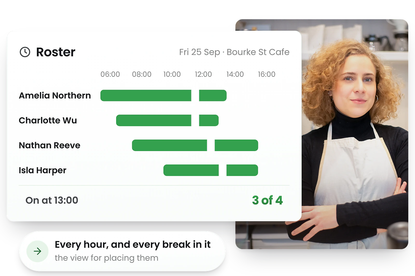 RosterElf daily roster view showing hour-by-hour schedule