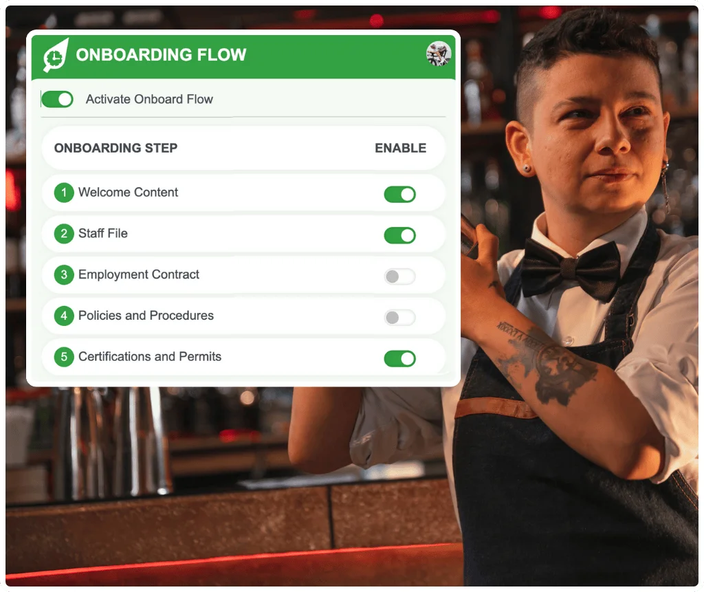 RosterElf onboarding flow interface showing employee onboarding steps with toggles for welcome content, staff file, employment contract, policies, and certifications