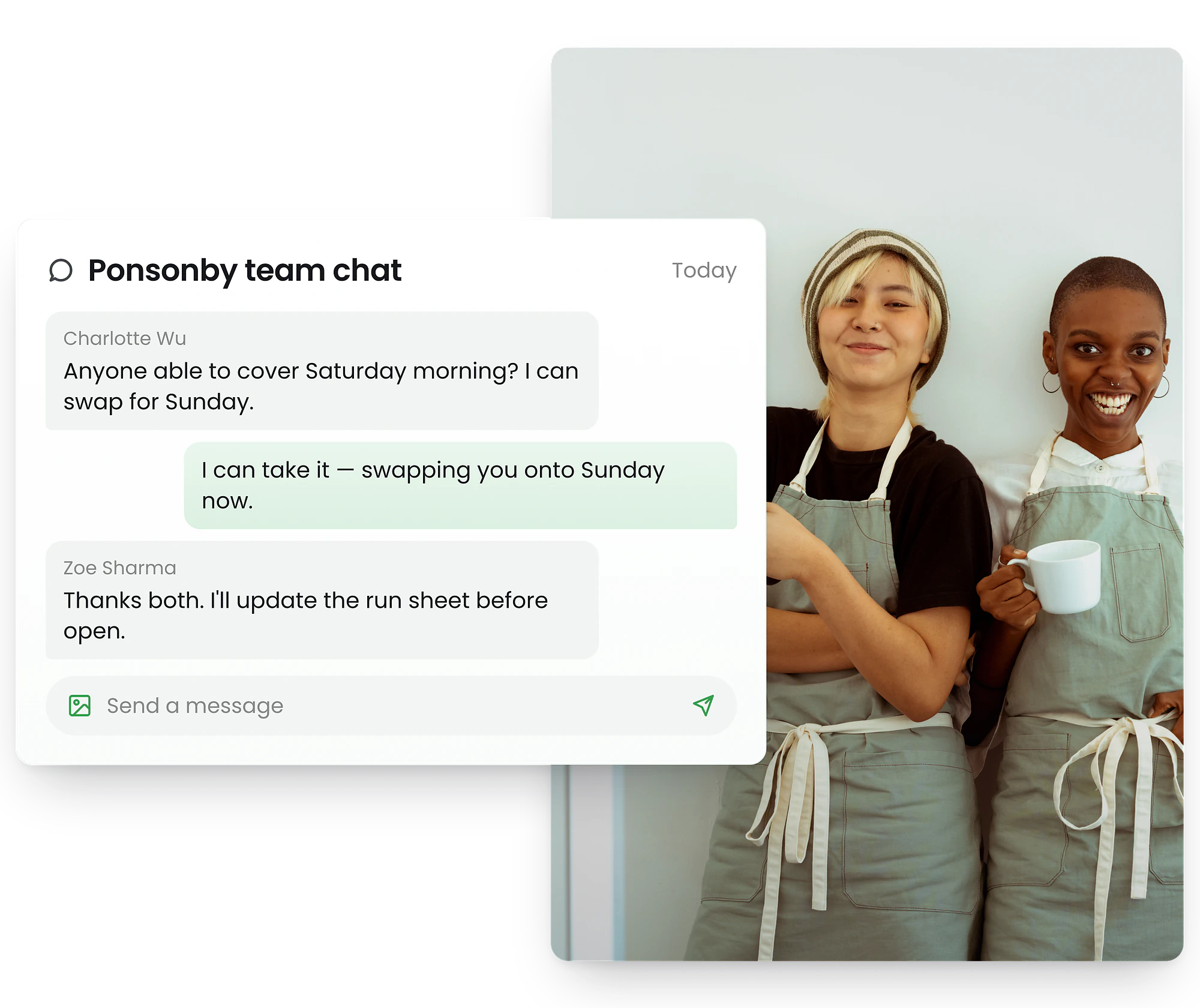 RosterElf employee chat app showing team messaging conversation between manager and staff