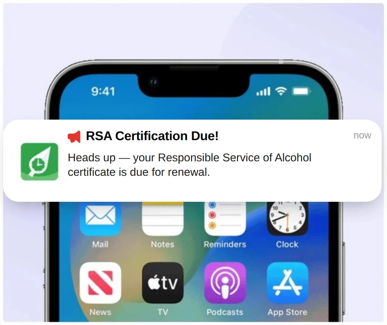 RosterElf push notification reminding an employee their RSA certification is due for renewal