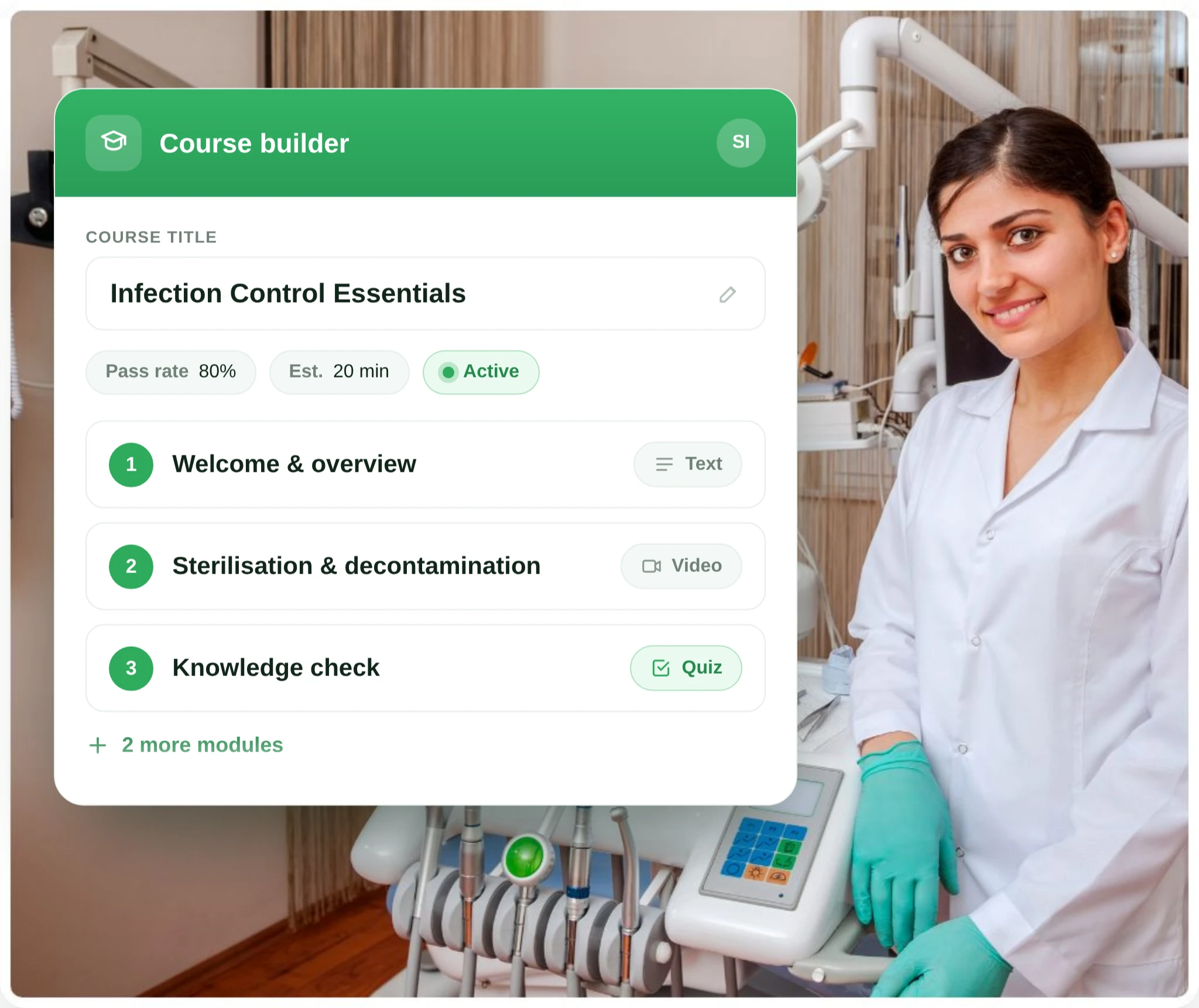 RosterElf course builder showing an Infection Control Essentials course with text, video and quiz modules