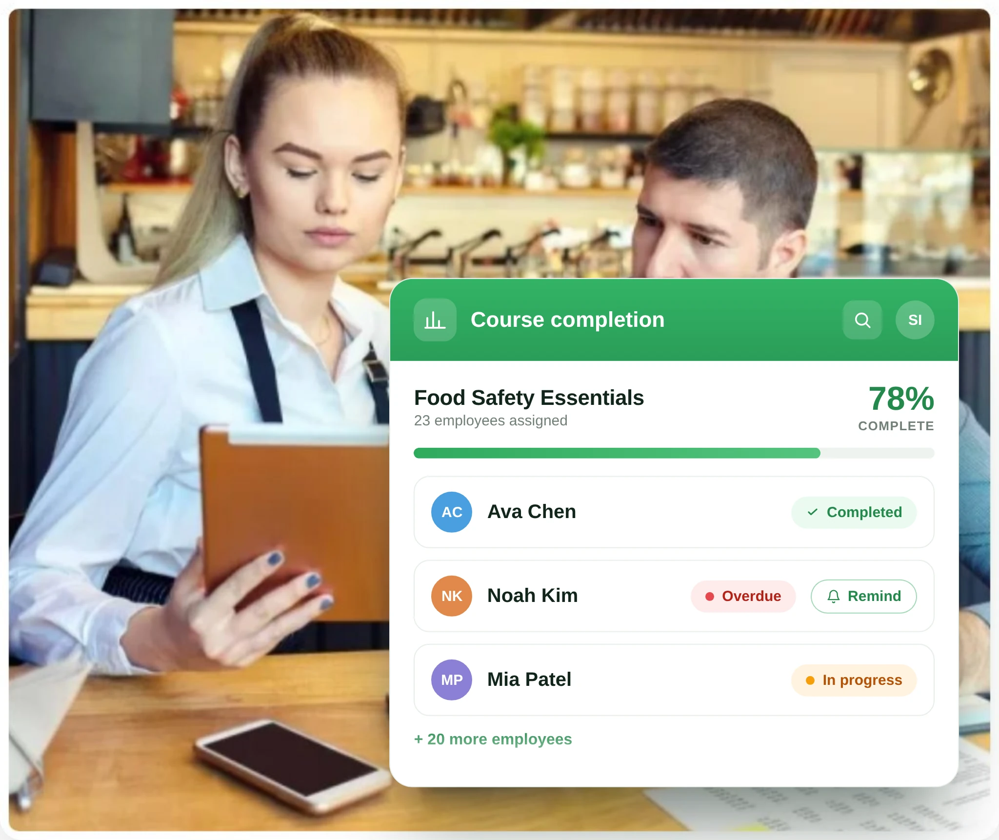RosterElf course completion dashboard showing employee training progress and completion status