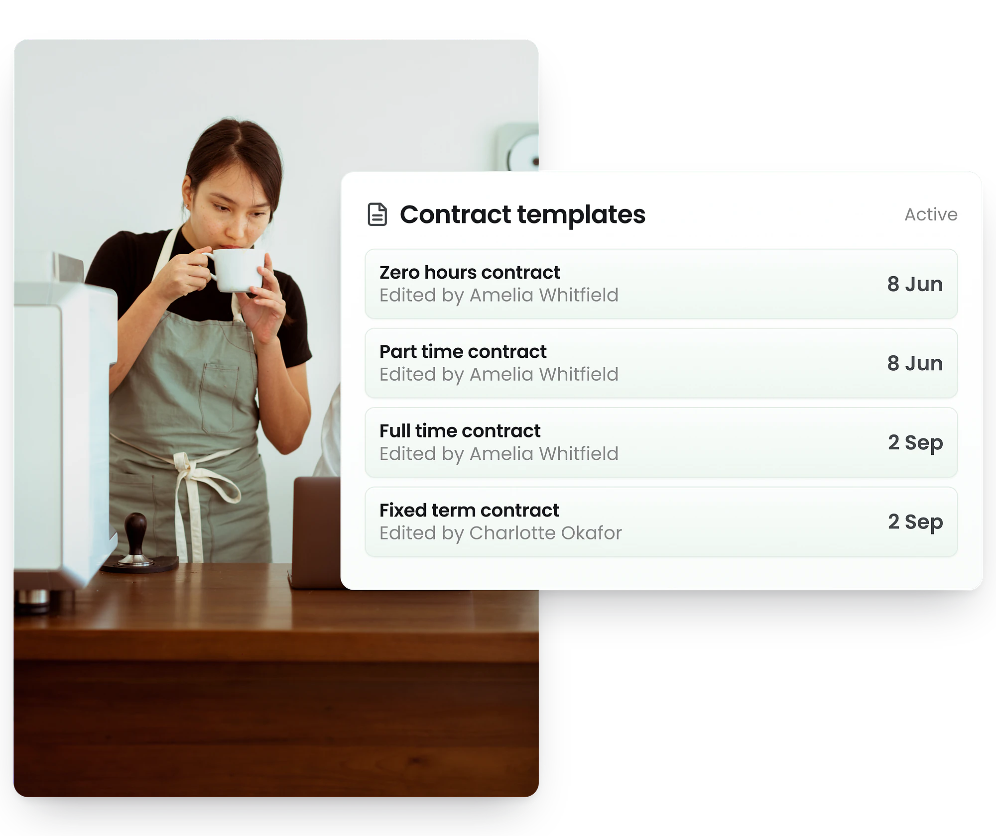 RosterElf UK employment contract templates library showing full-time, part-time, and zero-hours contract types