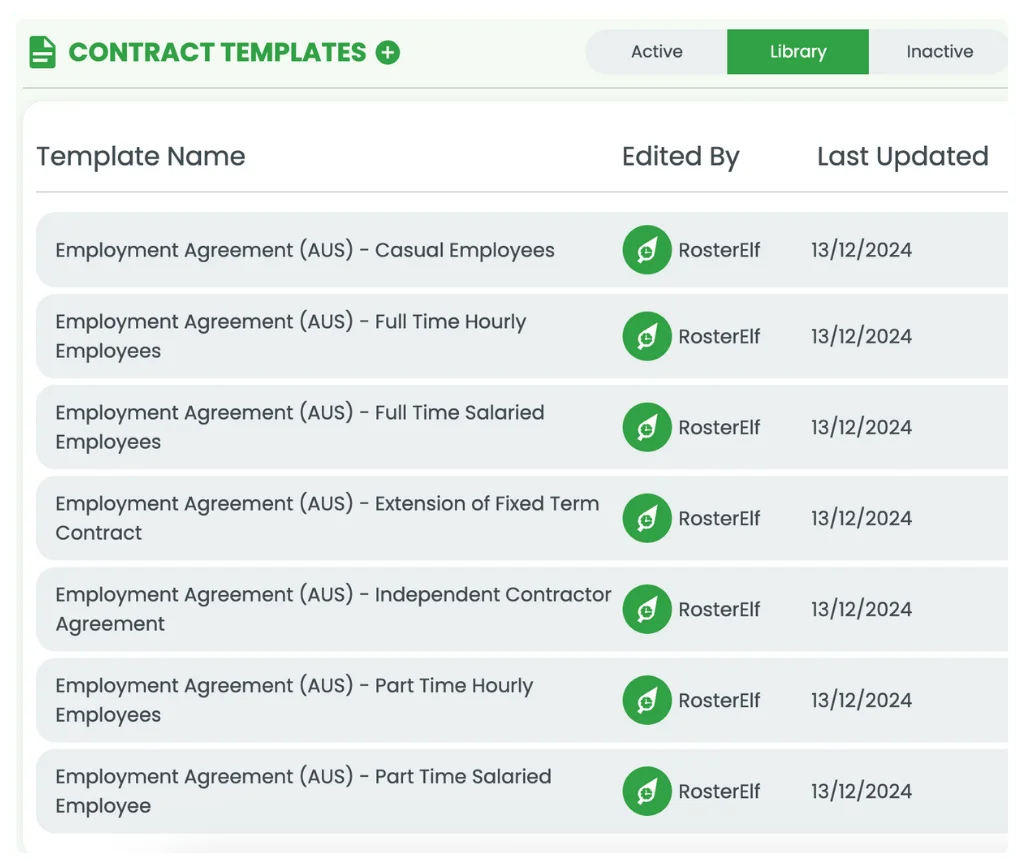 RosterElf employment contract templates library showing casual, full-time, part-time, and contractor agreements
