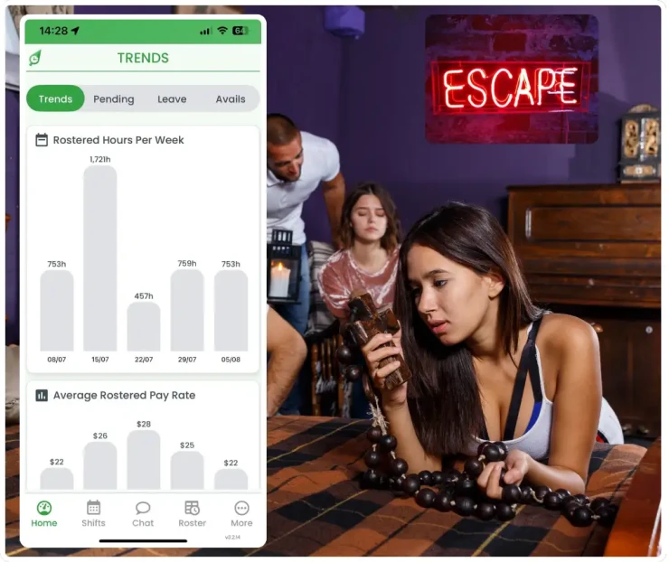 Escape room workforce management software showing rostering interface
