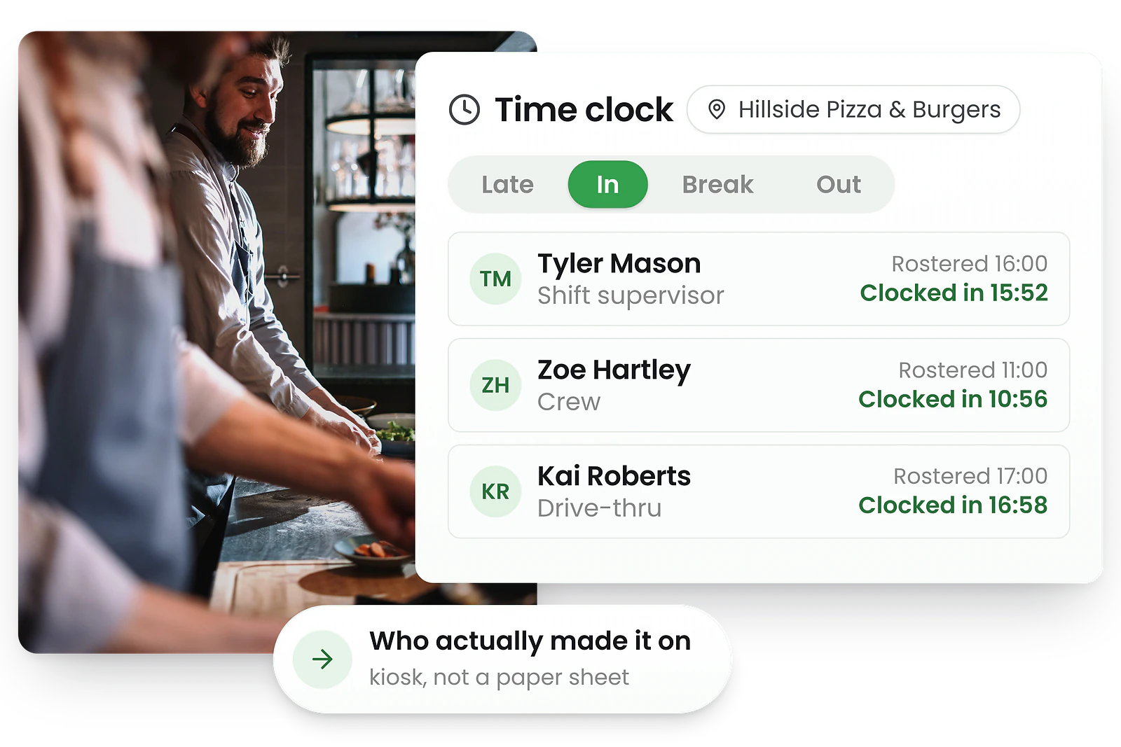 Fast food staff clocking in on a mobile device