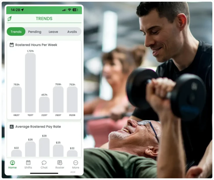 Fitness studio workforce management software showing rostering interface