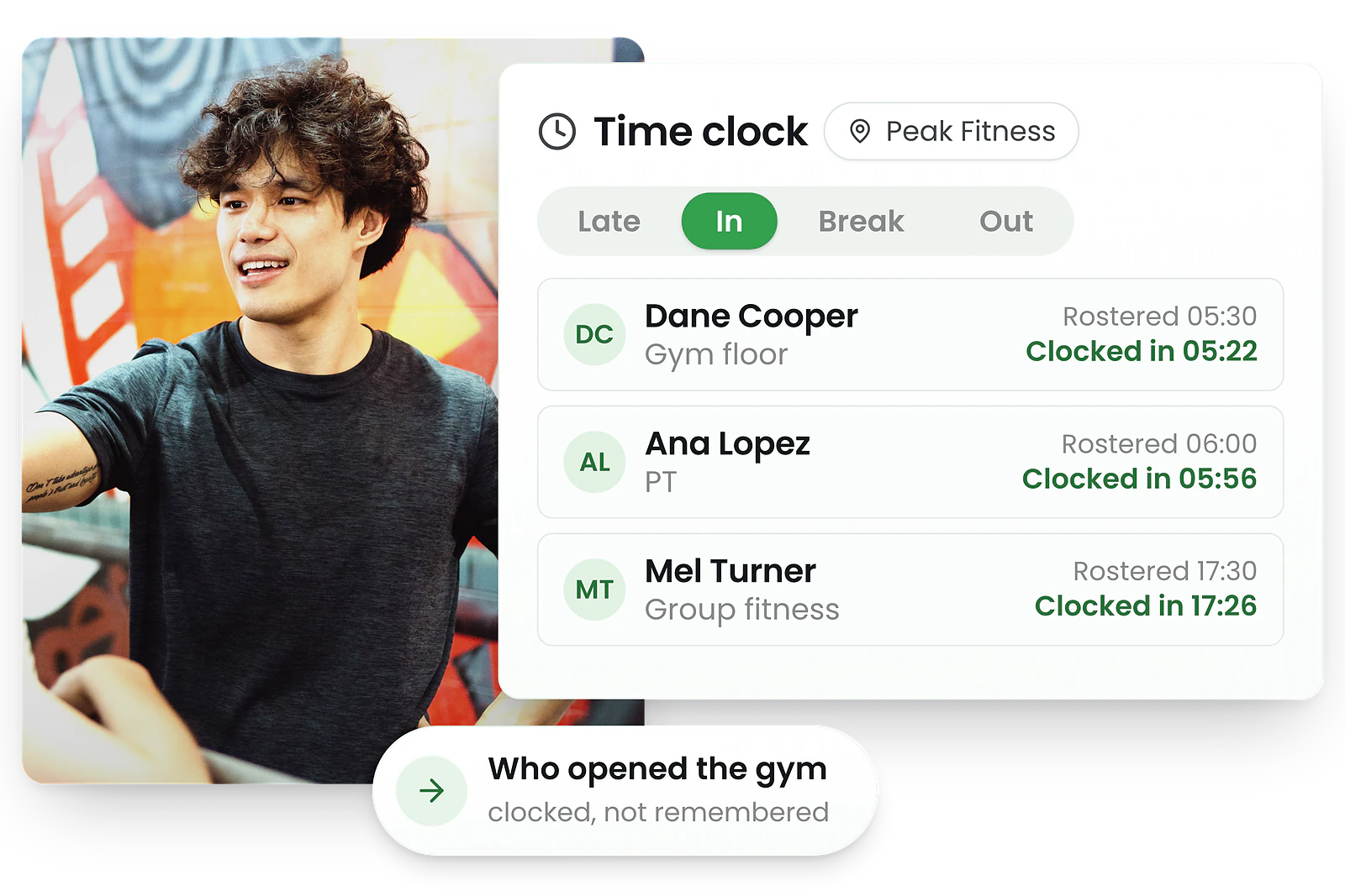 Fitness staff clocking in on a mobile device