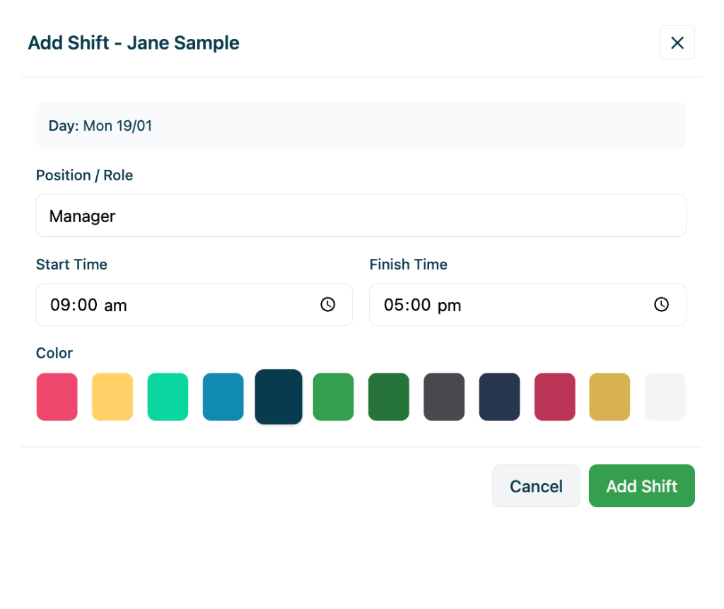 Add shift dialog showing position, start time, finish time and color options