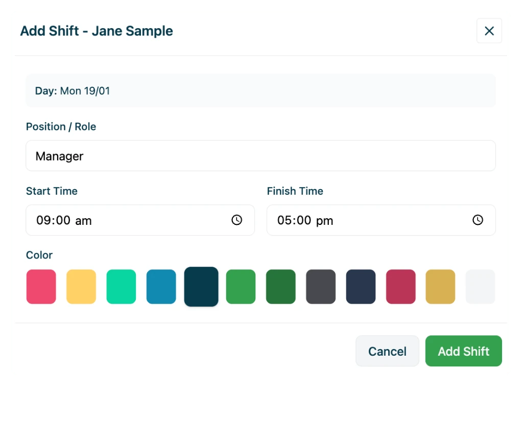 Add shift dialog showing position, start time, finish time and color options