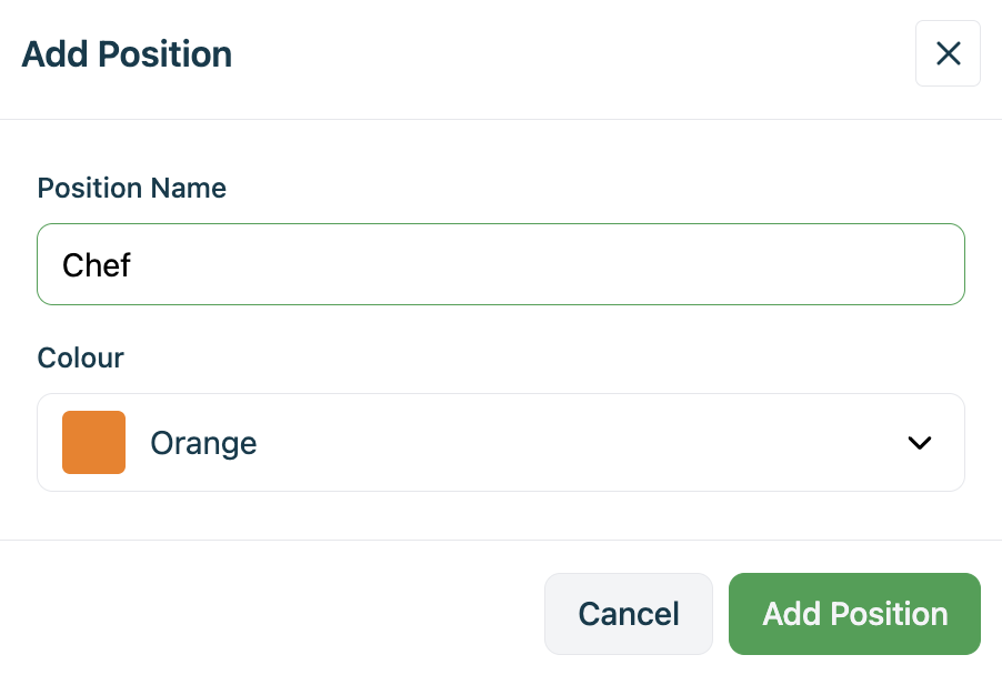 Add Position dialog showing position name and colour fields