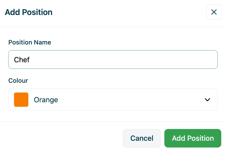 Add Position dialog showing position name and colour fields