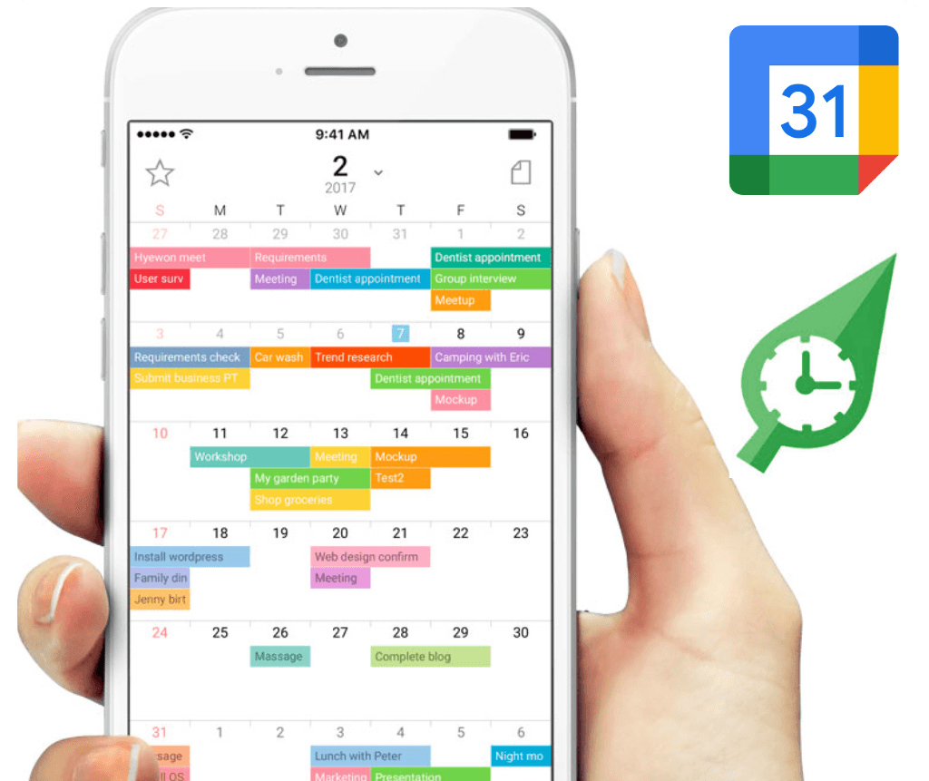 Google Calendar app on iPhone showing RosterElf shifts synced with personal events