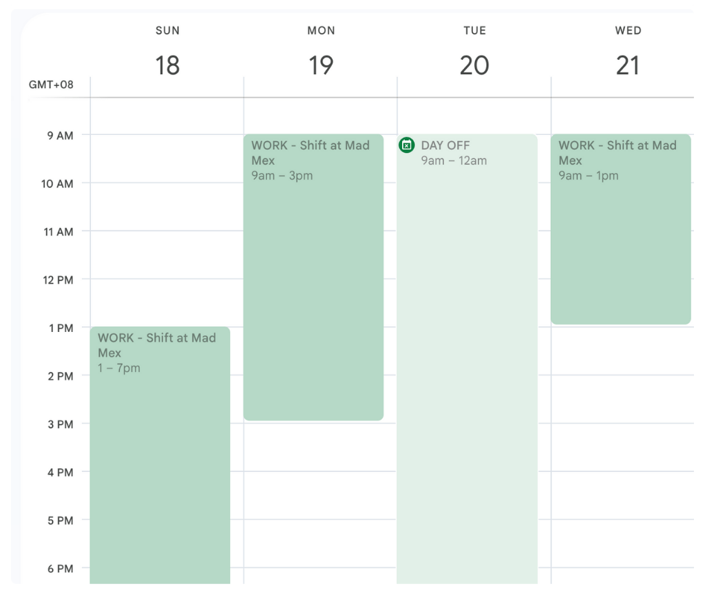 RosterElf shifts appearing in Google Calendar with work schedule and day off