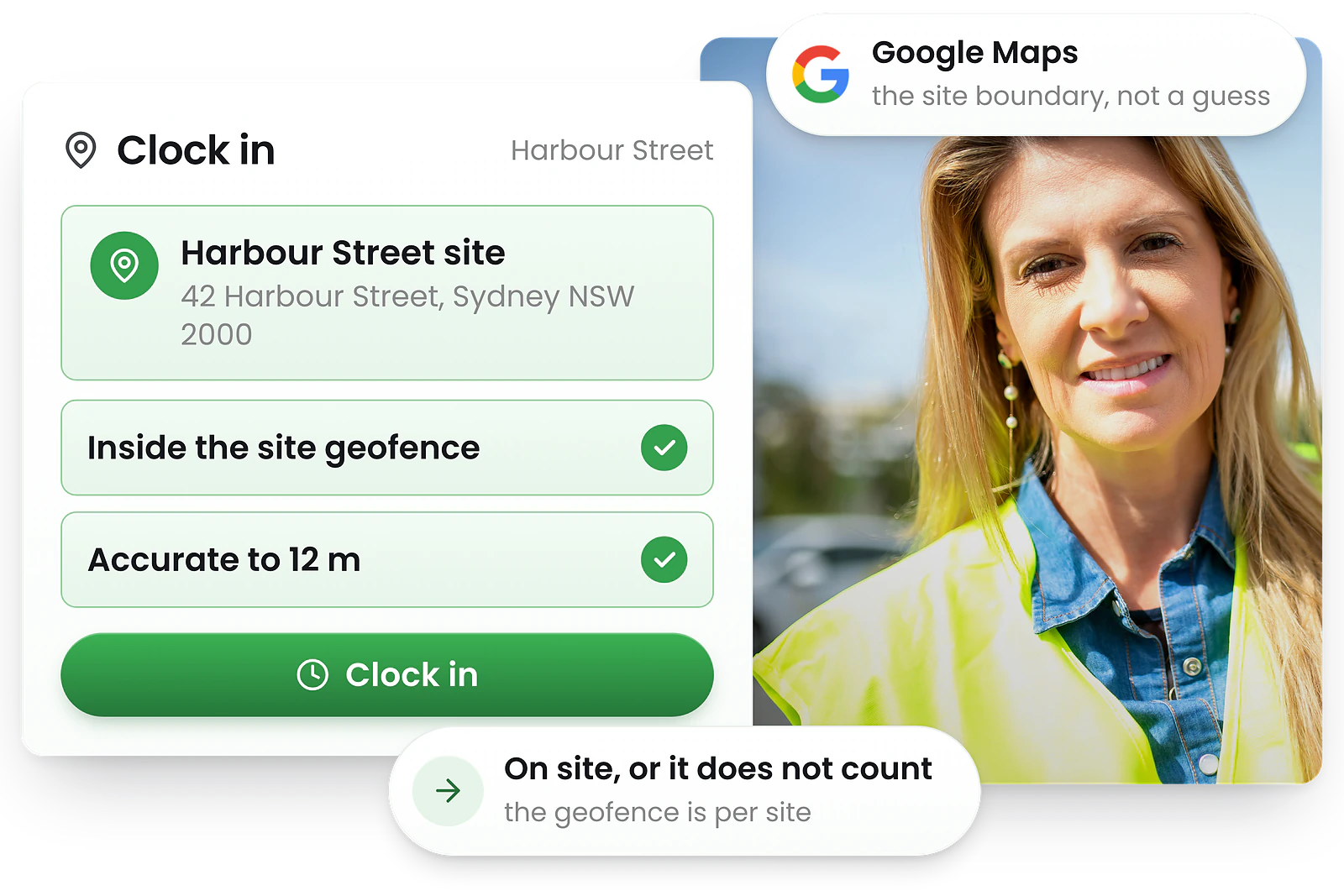 Hand using phone with Google Maps location pin for GPS clock-in