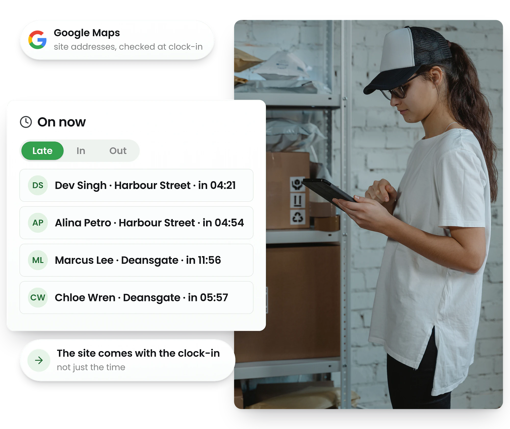 Employee using mobile phone with Google Maps GPS geofencing for clock-in