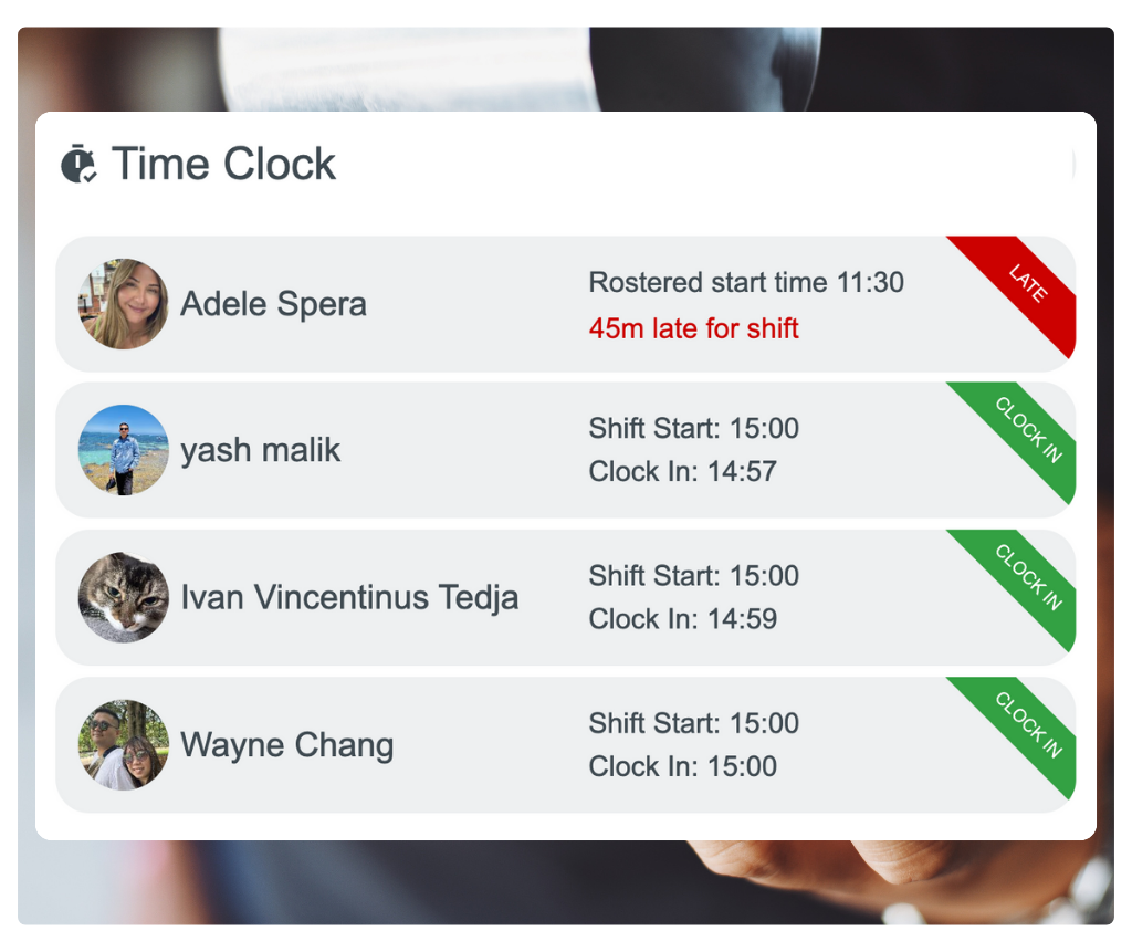 RosterElf time clock showing staff clock-in times with late status indicators