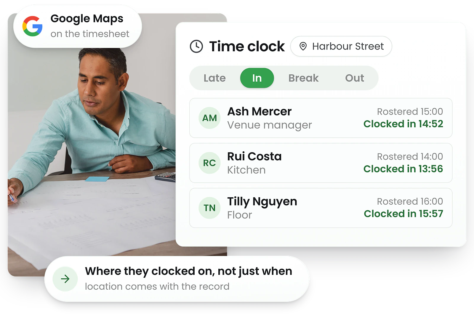 RosterElf time clock showing staff clock-in times with late status indicators
