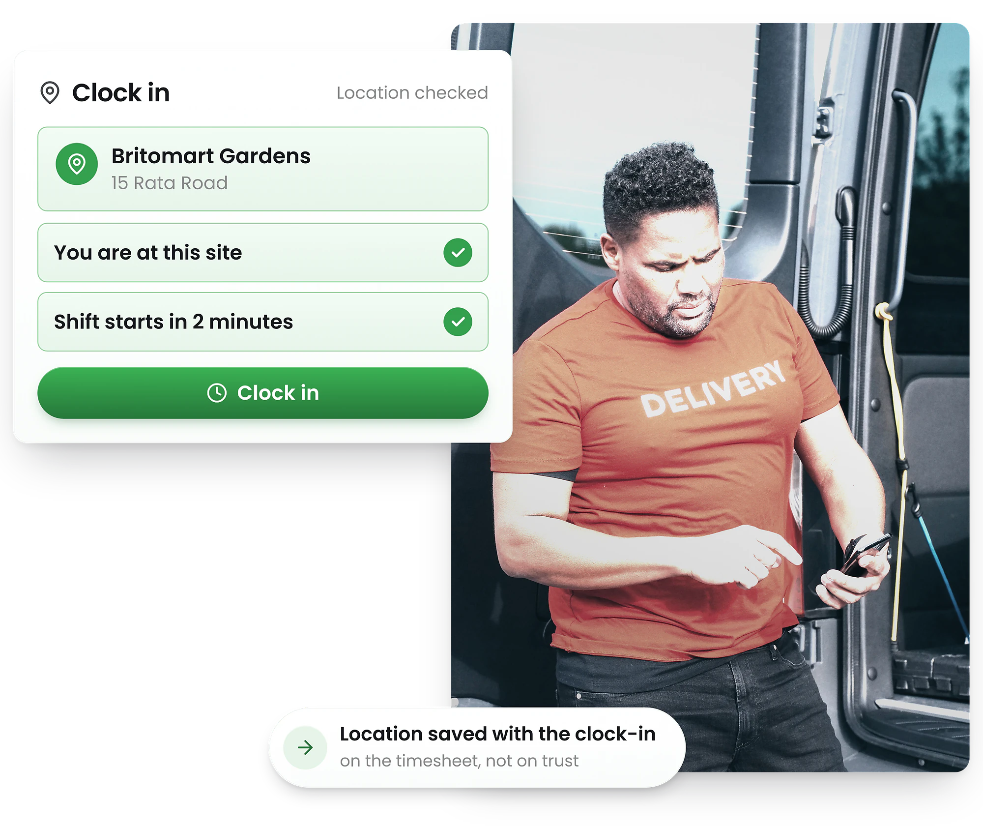 New Zealand employee using mobile phone for GPS geofenced clock-in on arrival at work site