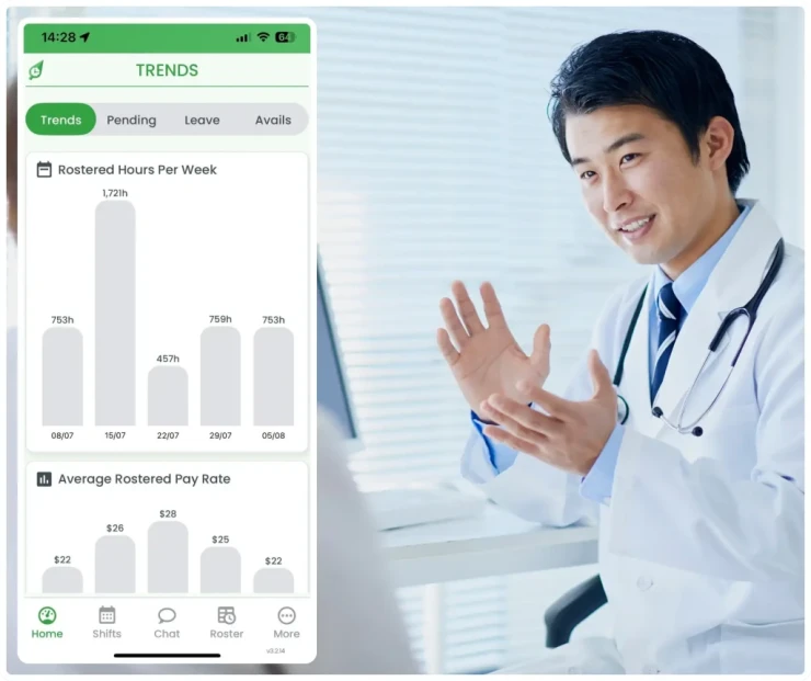 Healthcare workforce management software showing rostering interface