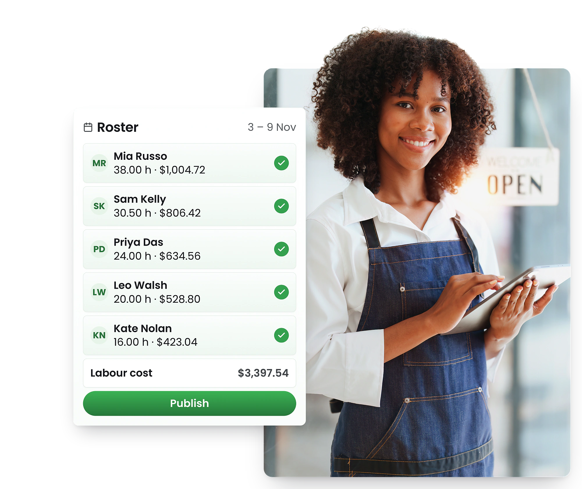 A smiling café owner with a tablet at the open door beside a RosterElf roster for 3 to 9 November: five staff with their hours and cost, a labour cost of $3,397.54 and a Publish button