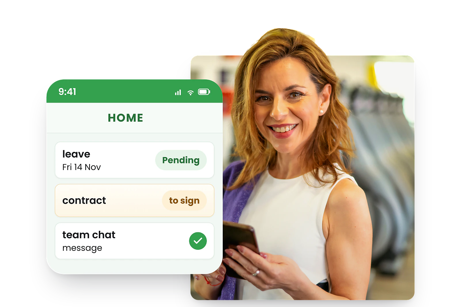 A smiling gym worker with her phone beside the RosterElf app: a pending leave request, a contract to sign and a team chat message