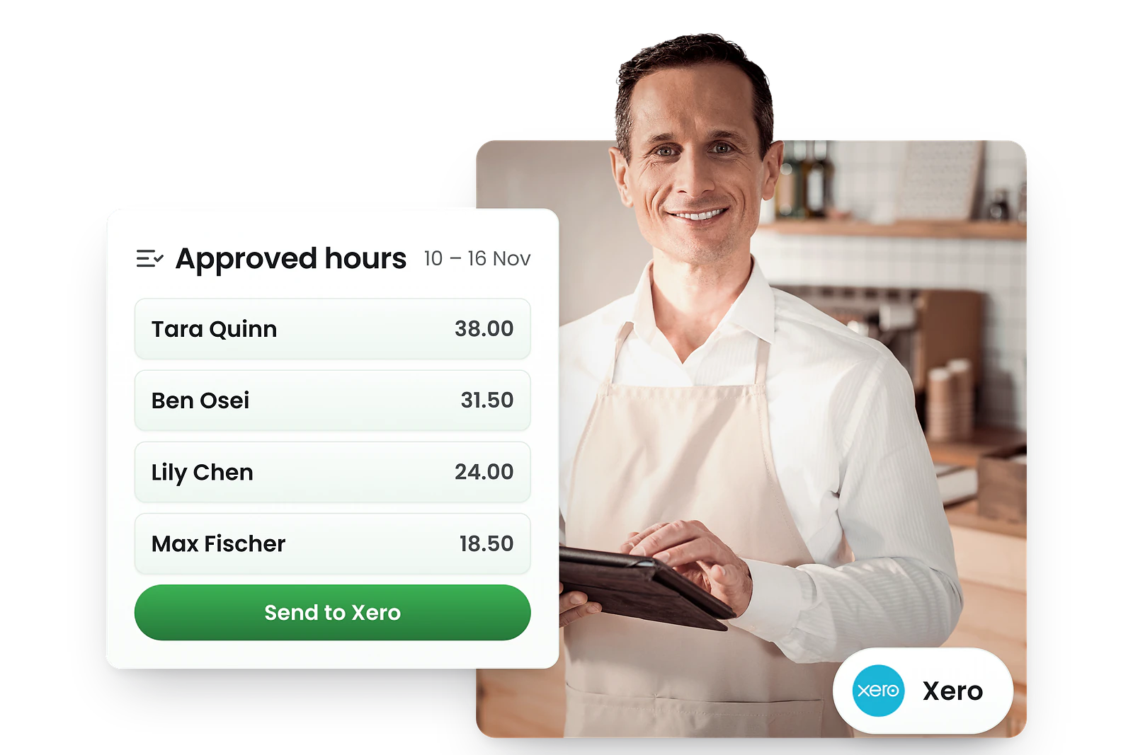 A smiling café owner in an apron with his tablet beside a RosterElf card of approved hours for four staff and a Send to Xero button