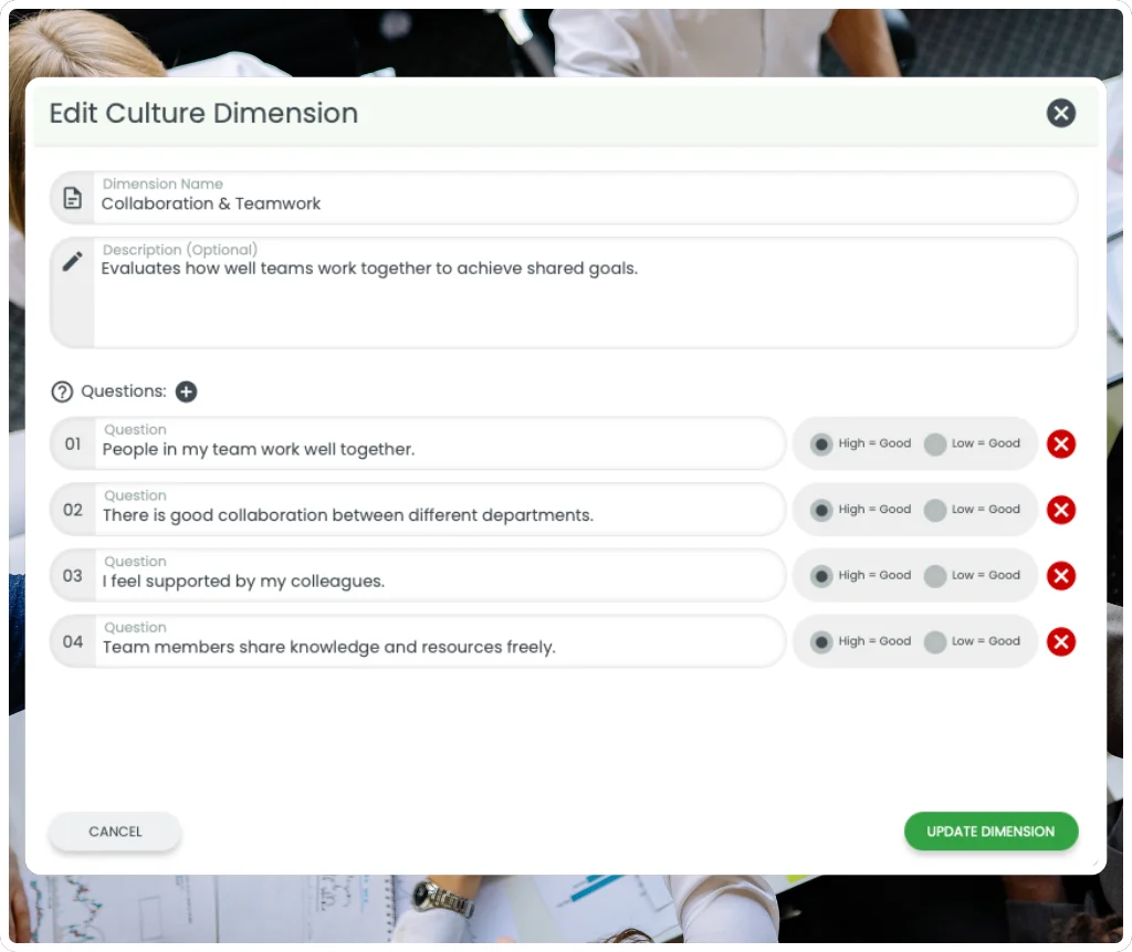 RosterElf culture survey dimension builder showing the Collaboration and Teamwork dimension with custom questions and High Good or Low Good polarity settings