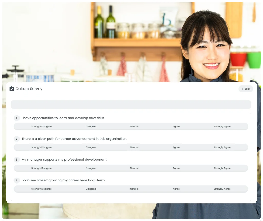 RosterElf culture survey questionnaire showing Likert scale questions for anonymous employee feedback on a smartphone screen