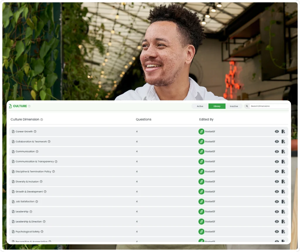 RosterElf culture surveys dimensions management screen showing a list of available survey dimensions with enable and disable toggles for Australian businesses