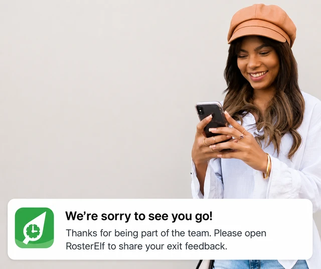 Push notification asking a departing employee to share their exit feedback in RosterElf