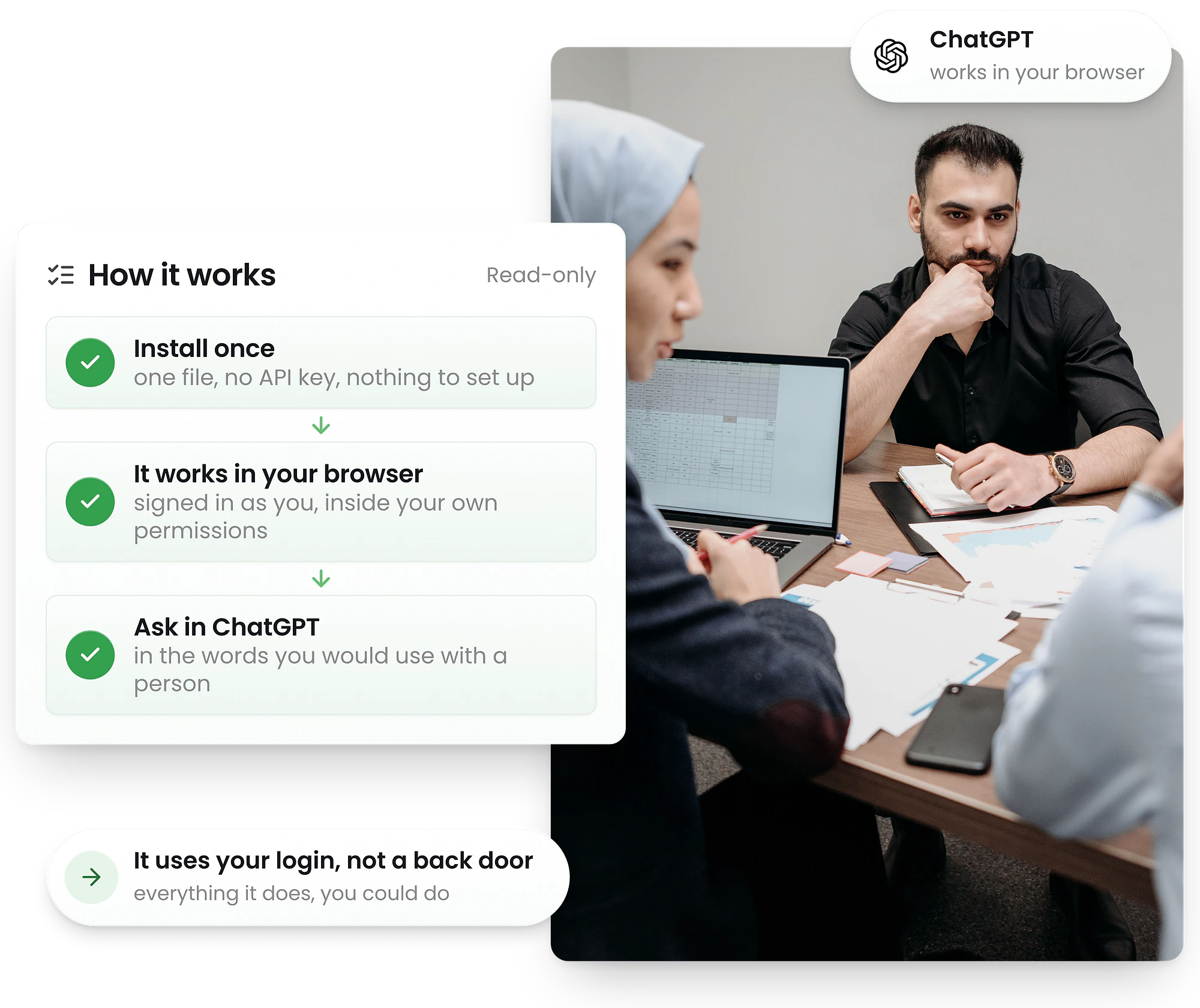 A panel reading install once, it drives RosterElf in your browser, ask in plain English — beside someone working at a laptop